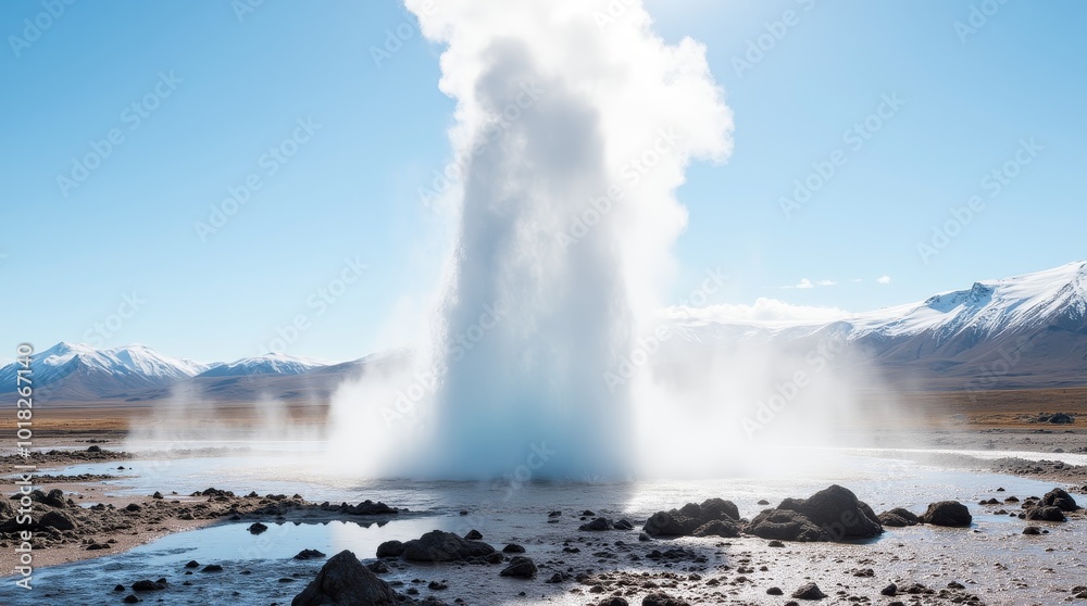 Geyser Eruption in a Vast Geothermal Landscape Under Clear Blue Skies During Daytime