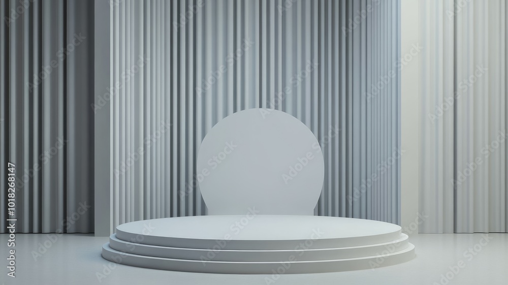 White Circular Platform with Draped Curtains in a Minimalist Setting