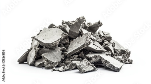 Crumbled concrete pieces of different sizes forming a rough pile, with jagged edges, set against a plain white backdrop