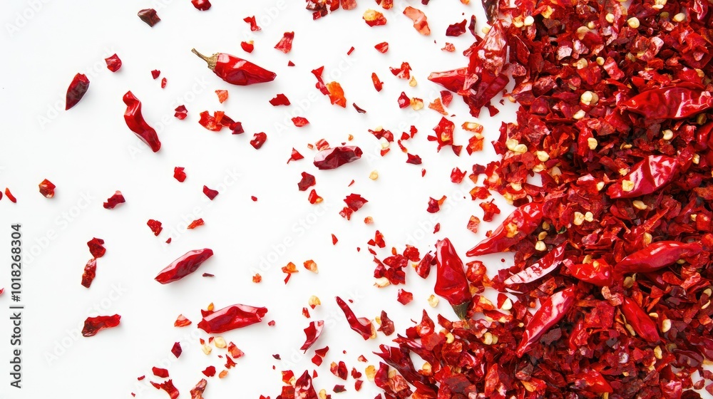 Crushed red chili pepper flakes piled in the center of a white background, symbolizing the essence of heat and spice Crushed red chili pepper flakes piled in the center of a white background, symbolizing the essence of heat and spice