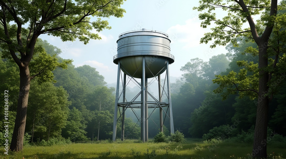 A Metallic Water Tower Stands Tall Amid Lush Green Trees in a Serene Forest Setting During Daylight A Metallic Water Tower Stands Tall Amid Lush Green Trees in a Serene Forest Setting During Daylight