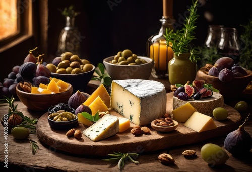 elegant display artisan cheese varieties arranged rustic wooden board accompaniments garnishes extravagant culinary experience, appetizer, blue, borettane photo