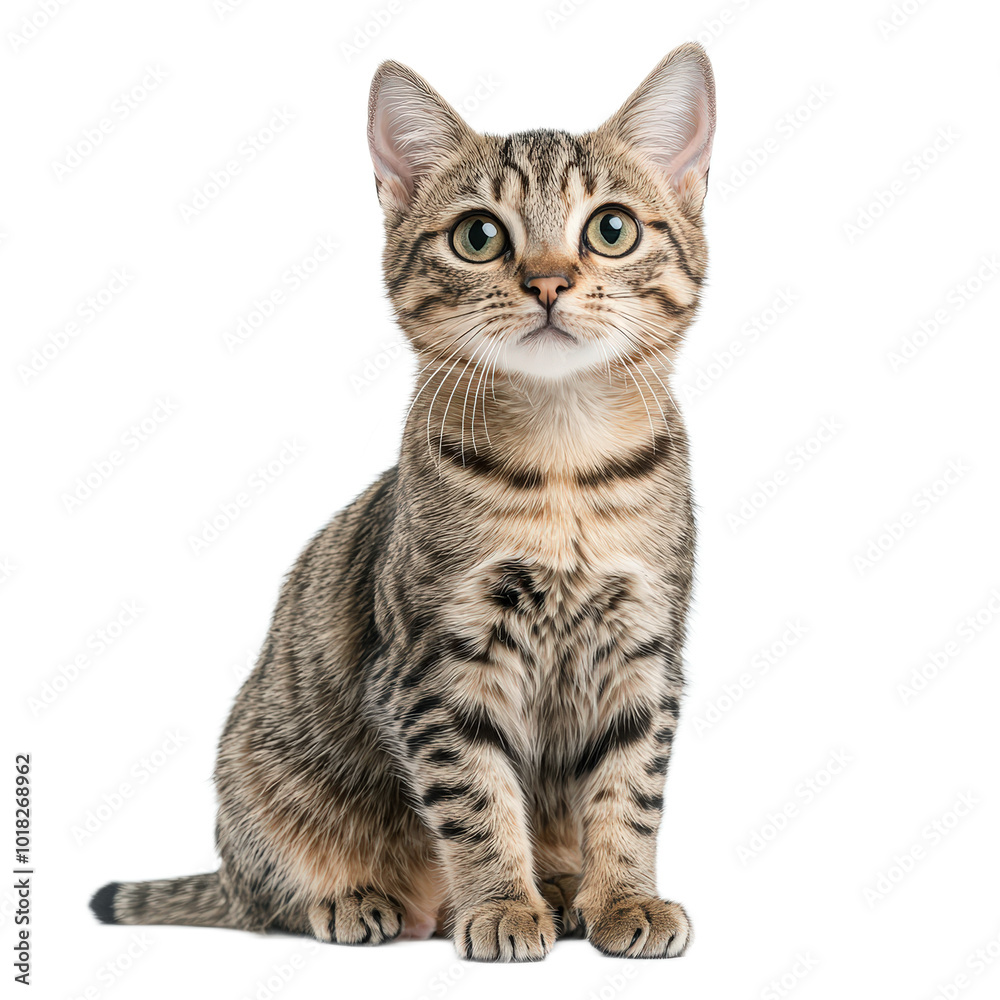 Fototapeta premium A cat with green eyes is sitting on a white background. The cat has a calm and relaxed demeanor, and its eyes are focused on the camera. Concept of peace and tranquility