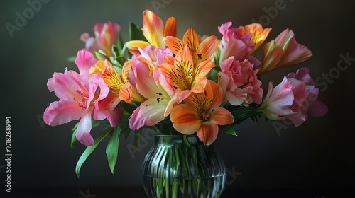 Wallpaper Mural Delicate pink and orange flowers arranged in a glass vase, their vibrant petals softly illuminated by natural light Torontodigital.ca