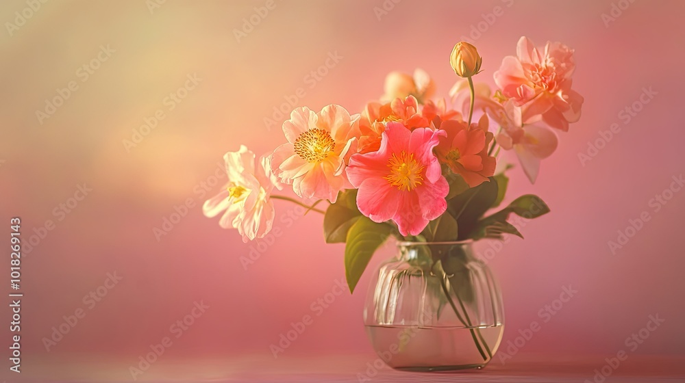 Delicate pink and orange flowers arranged in a simple glass vase, with soft lighting highlighting the vibrant colors and intricate details Delicate pink and orange flowers arranged in a simple glass vase, with soft lighting highlighting the vibrant colors and intricate details