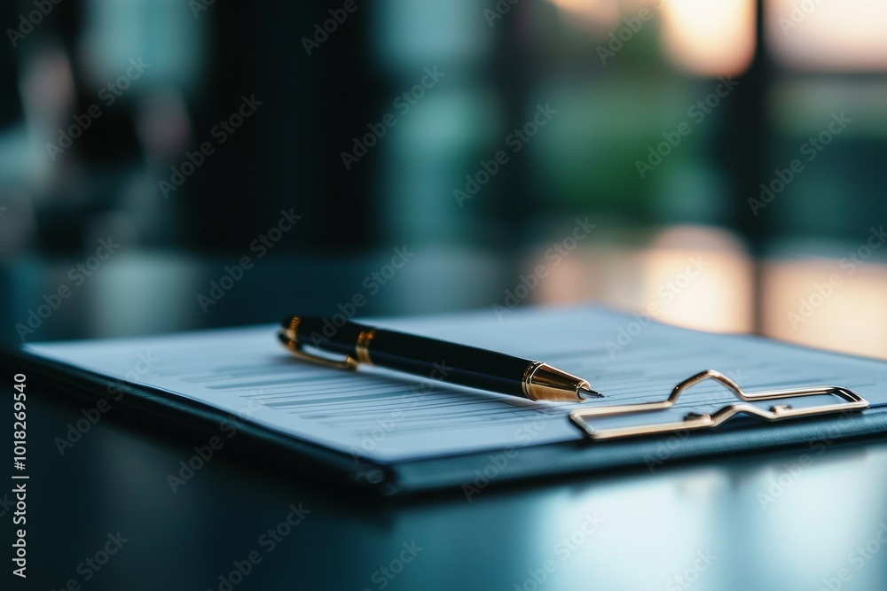 Fototapeta premium Elegant pen on a clipboard with blank paper in a modern office setting.
