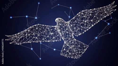 Abstract polygonal falcon with constellation of stars on dark blue background.