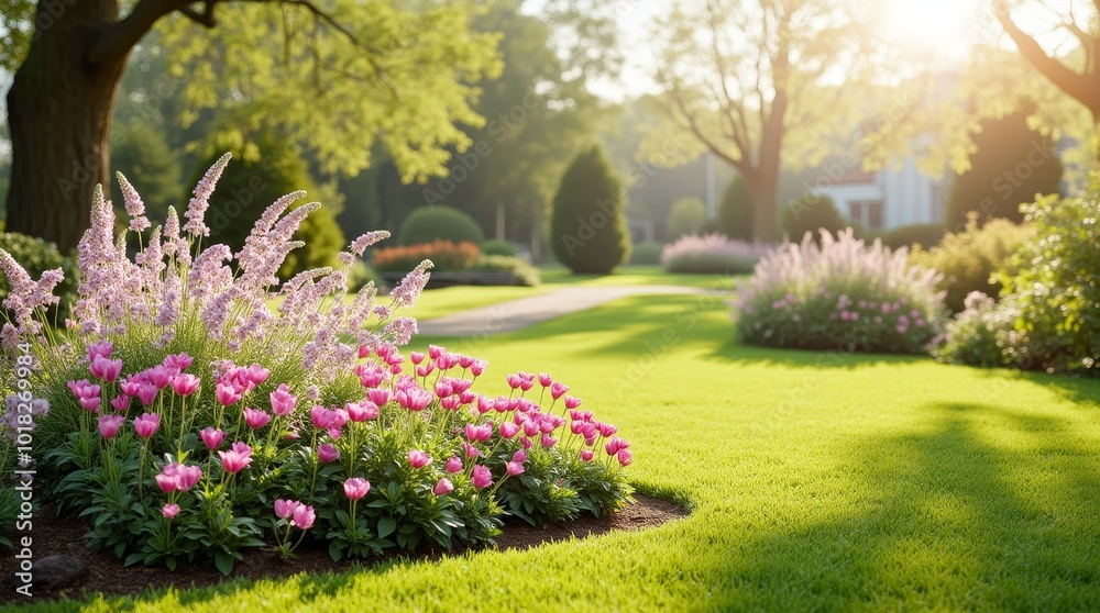 Obraz premium A Vibrant Garden in Full Bloom Under the Warm Sunlight in a Serene Park Setting