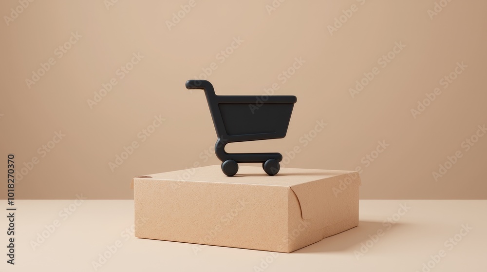 A Minimalist Black Shopping Cart on a Brown Package Against a Neutral Background in a Contemporary Setting A Minimalist Black Shopping Cart on a Brown Package Against a Neutral Background in a Contemporary Setting