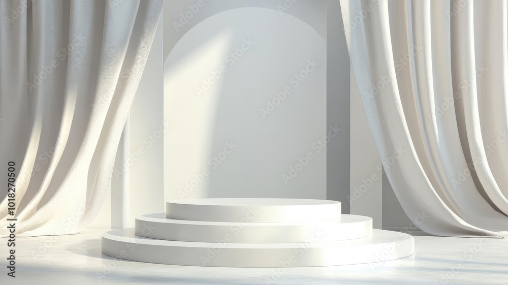 Minimalist White Podium with Draped Curtains and Sunlight Minimalist White Podium with Draped Curtains and Sunlight