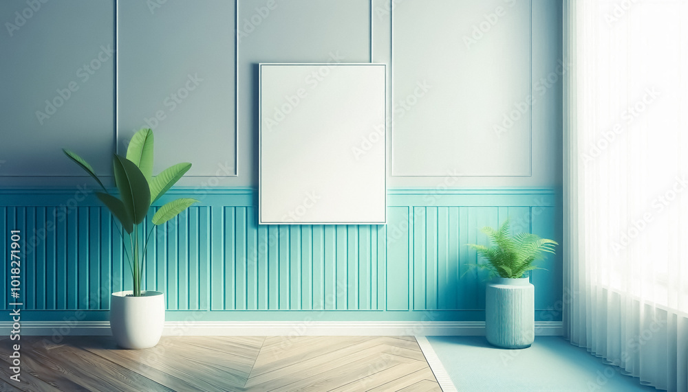 Modern room with accent colours and a blank poster Modern room with accent colours and a blank poster
