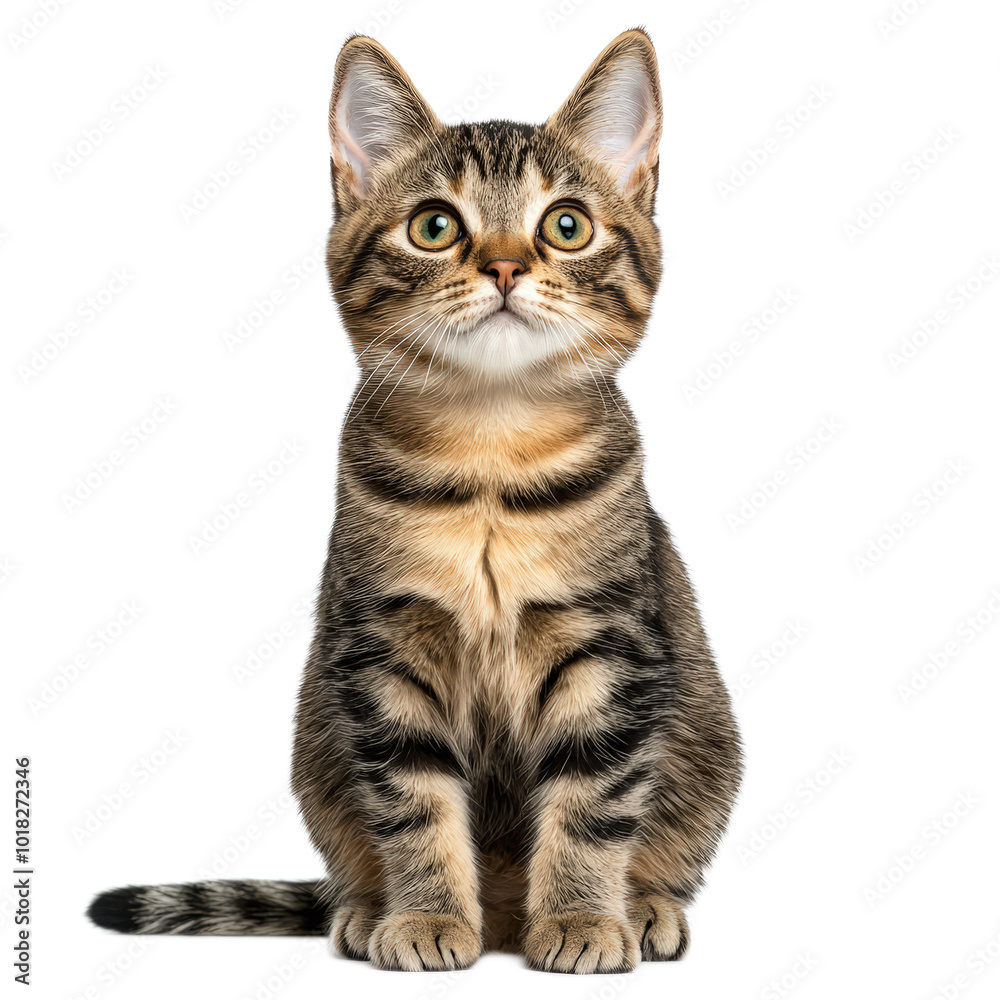 Obraz premium A cat with green eyes is sitting on a white background. The cat has a calm and relaxed expression on its face