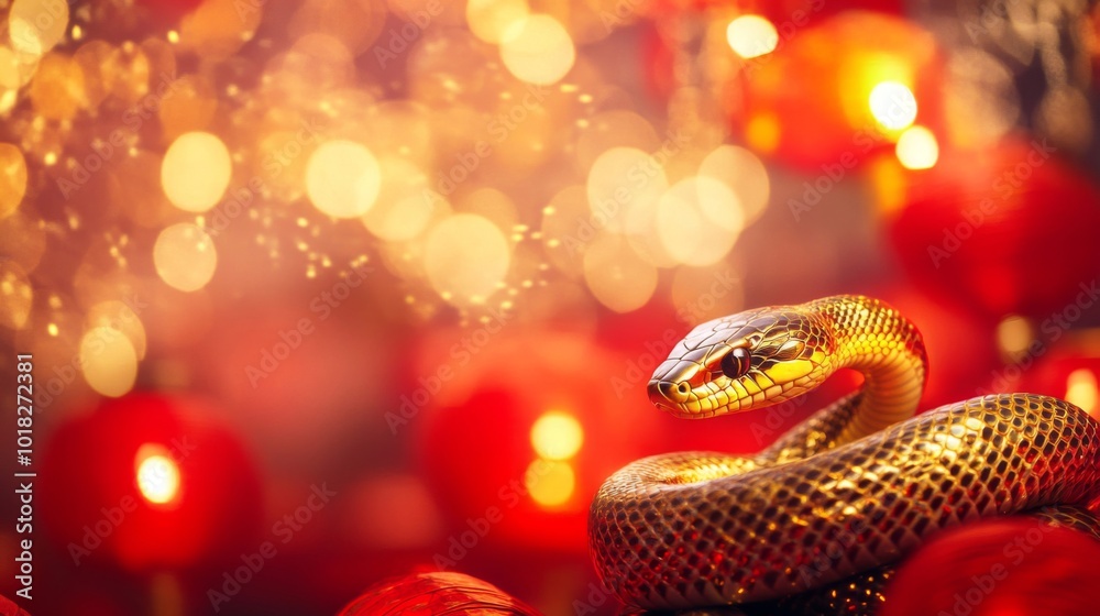 A Golden Snake Coiled Against a Red and Gold Background A Golden Snake Coiled Against a Red and Gold Background