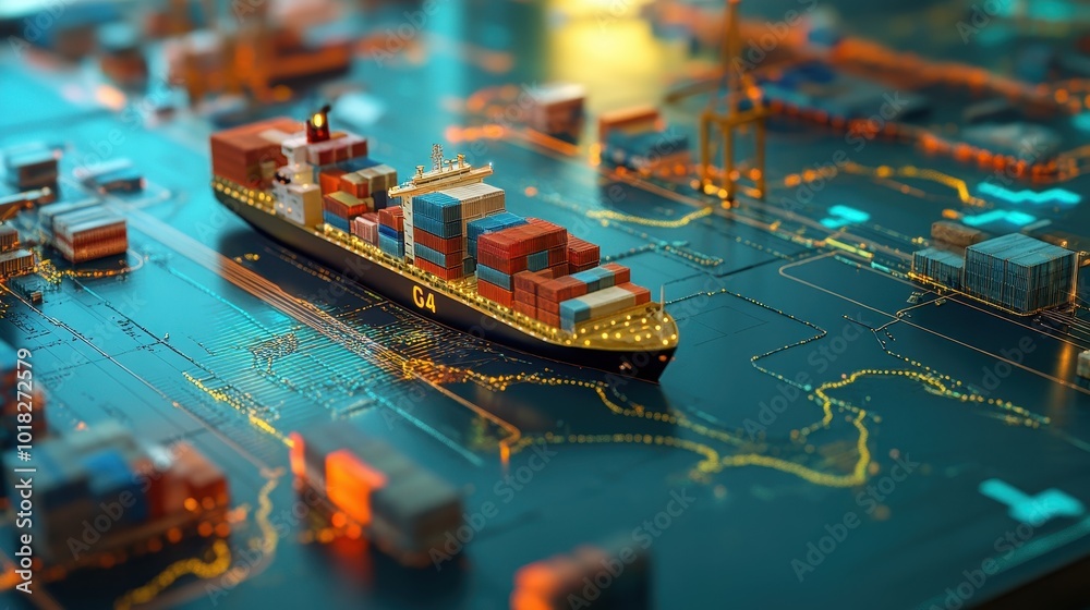 Cargo Ship on Digital Map. Cargo Ship on Digital Map.