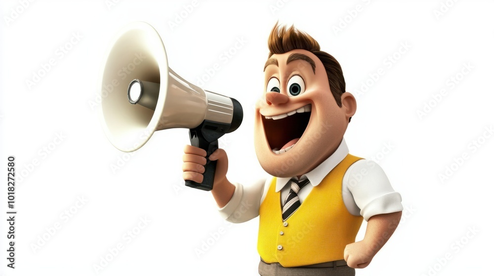 Happy cartoon director with a megaphone and script, isolated on white background Happy cartoon director with a megaphone and script, isolated on white background