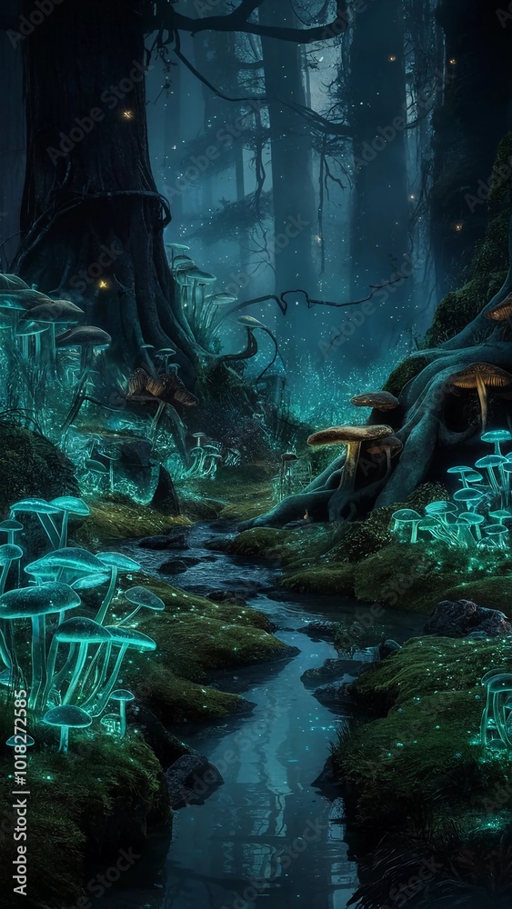 Obraz premium Bioluminescent mushrooms mystical forest twilight glowing plants fireflies ancient trees blue green twisted roots glowing flora 