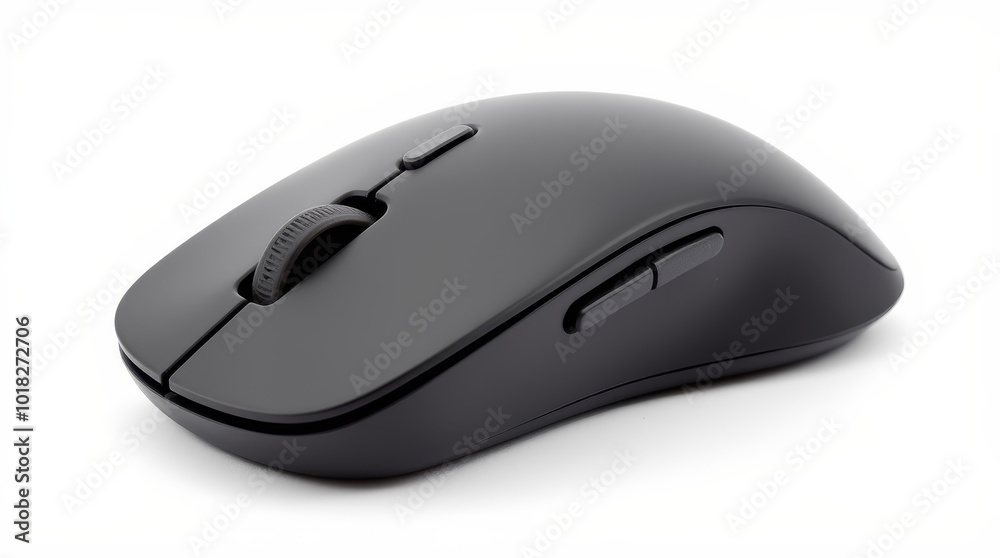 A Wireless Black Computer Mouse Resting on a White Surface in a Modern Workspace Environment A Wireless Black Computer Mouse Resting on a White Surface in a Modern Workspace Environment