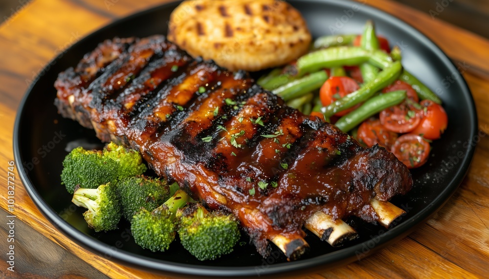 A barbecue pork ribs with a thick sauce on top, sautéed vegetables A barbecue pork ribs with a thick sauce on top, sautéed vegetables