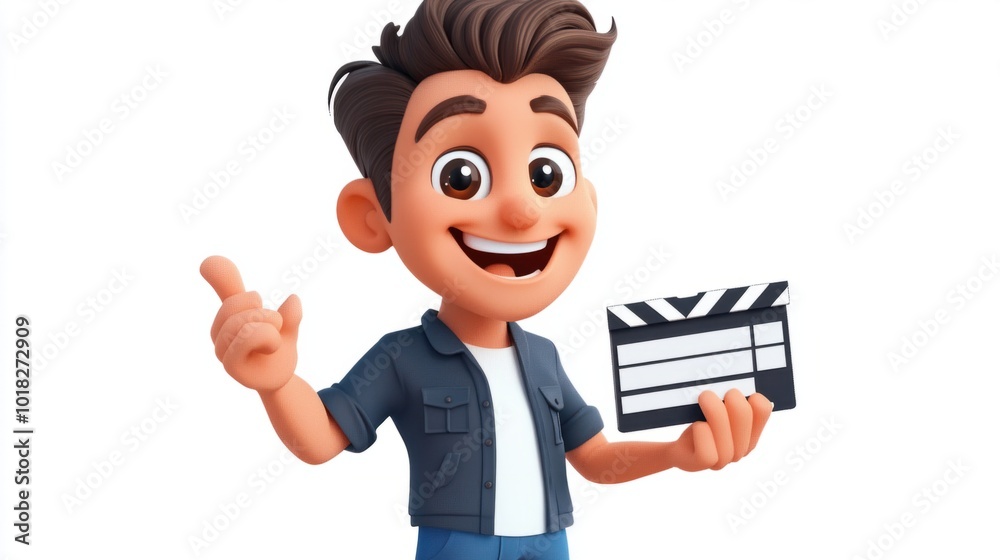 Happy film director cartoon character holding a clapperboard, isolated on a clean white background Happy film director cartoon character holding a clapperboard, isolated on a clean white background