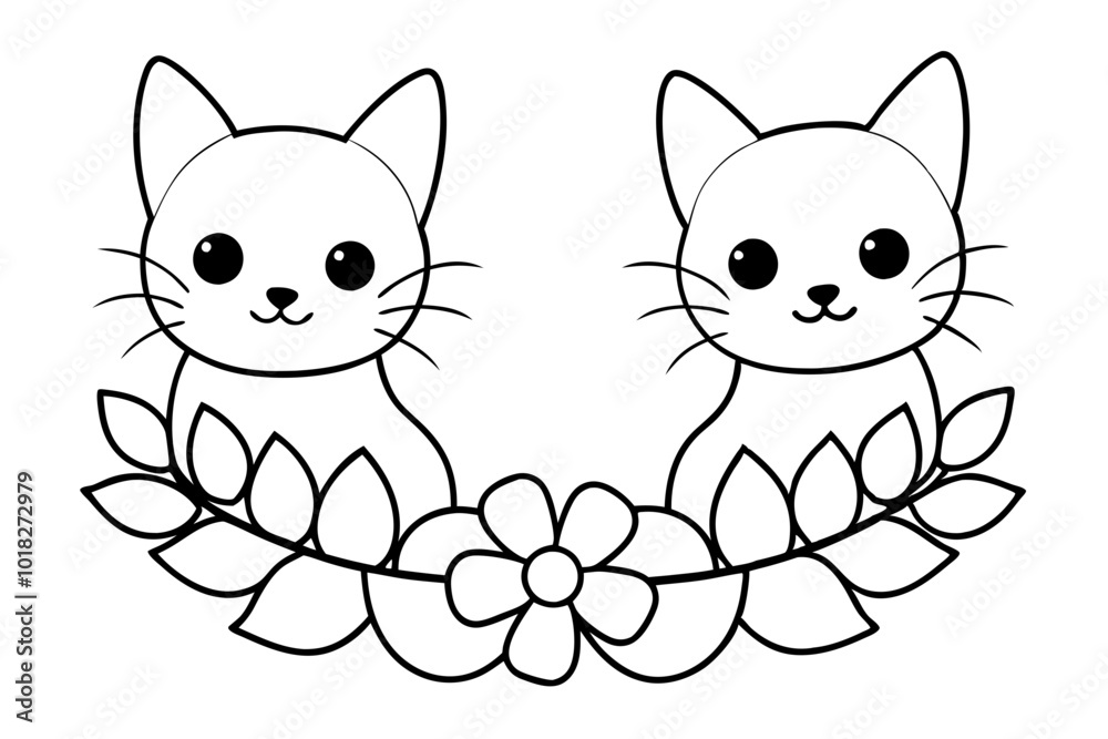 Fototapeta premium Floral-Themed Kitten Pair Coloring Page for Stress Relief and Creativity 