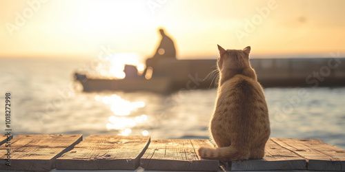 Stray cat sitting on a wooden pier with fisherman in the background. photo