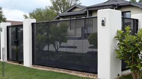 Modern Metal Fence and Gate Design in a Residential Yard With Well-Maintained Landscaping in Daylight