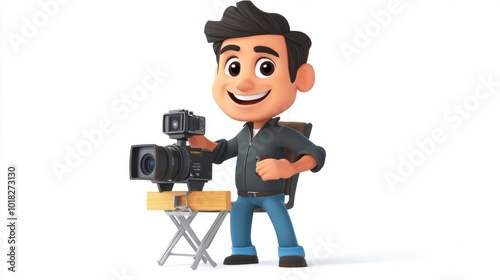 Happy film director cartoon holding a director chair and camera, isolated on white background