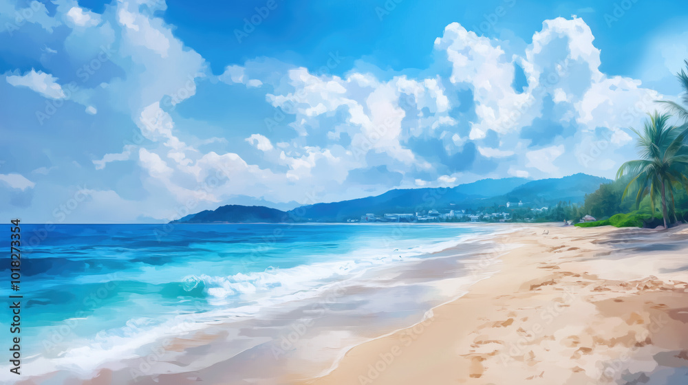 A beautiful beach scene with a blue ocean and a cloudy sky. The beach is empty and the water is calm