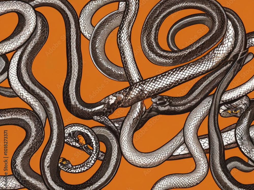 Obraz premium Coiled Snakes on Orange Background
