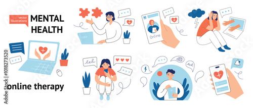 Online therapy vector illustrations collection in flat cartoon style. Perfect for mental health, virtual counseling, and psychological support themes. Therapist, meditation, and treatment process