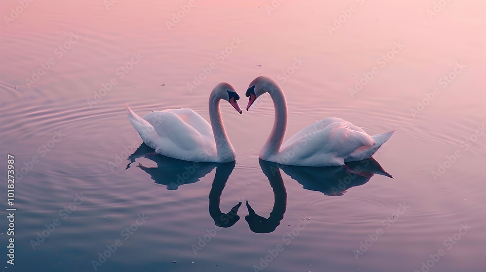 Fototapeta premium Swans Forming a Heart Shape in a Tranquil Lake at Dusk
