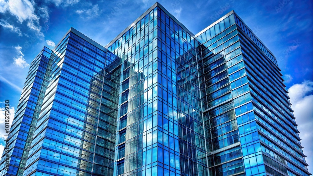 Modern blue glass high rise building against sky Modern blue glass high rise building against sky