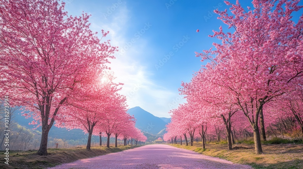 A picturesque road lined with blooming cherry blossom trees in full bloom, creating a stunning pink tunnel leading to a distant mountain under a bright blue sky. A picturesque road lined with blooming cherry blossom trees in full bloom, creating a stunning pink tunnel leading to a distant mountain under a bright blue sky.