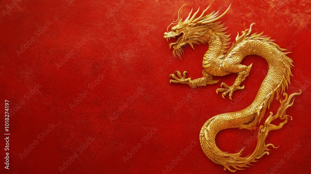 Fototapeta premium A Golden Dragon on a Red Background