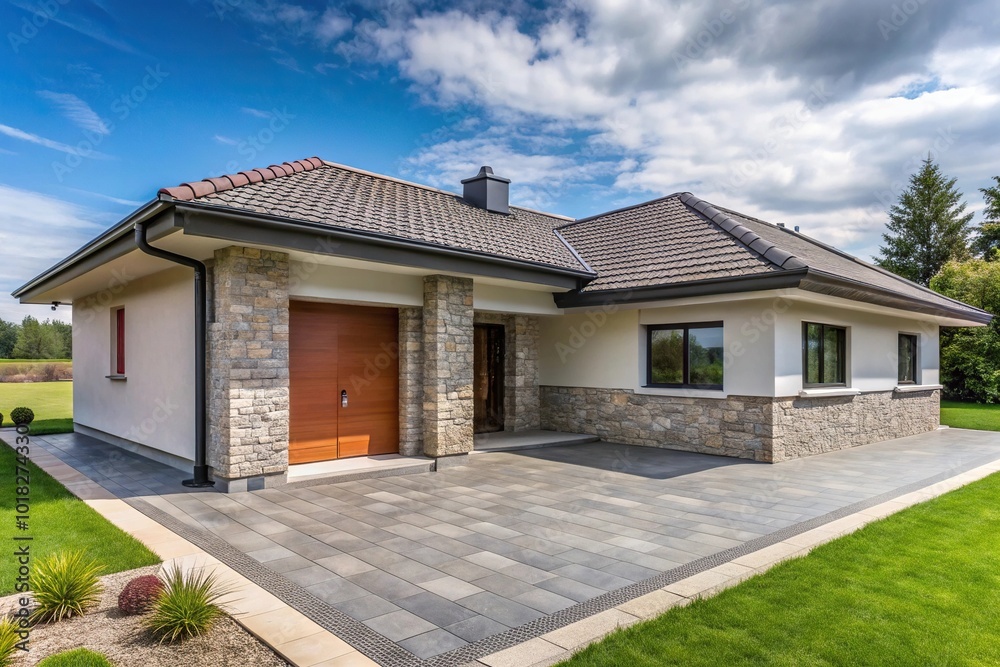 Modern bungalow with stone walls and tile roof