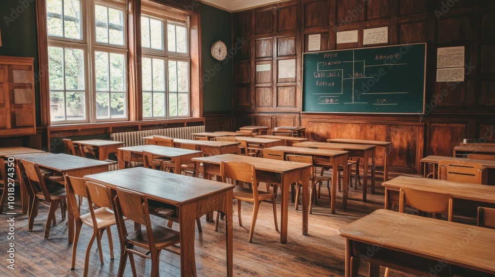A classroom interior with wooden desks and chairs, waiting for students to return, set in a warm, vintage atmosphere. A classroom interior with wooden desks and chairs, waiting for students to return, set in a warm, vintage atmosphere.