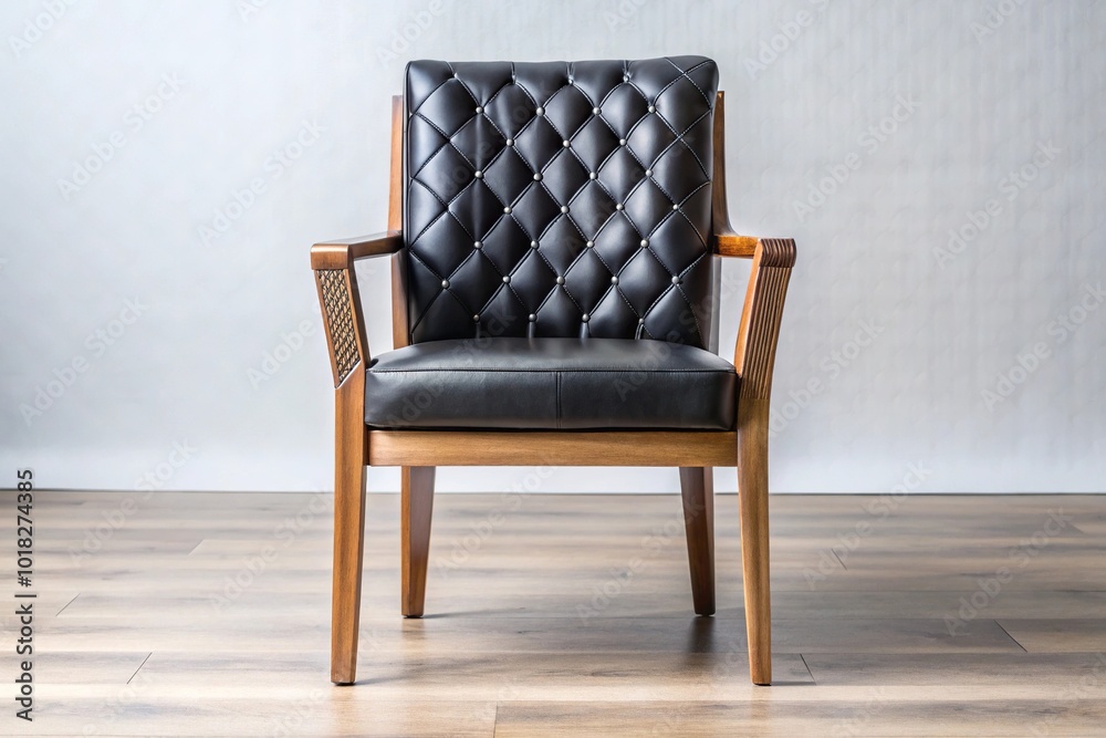 Modern chair with wooden base and black leather seat and back with diamond pattern Modern chair with wooden base and black leather seat and back with diamond pattern