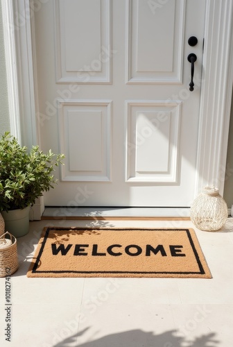 A Welcome Mat Sits in Front of a White Door on a Sunny Day, Inviting Guests to Enter the Home
