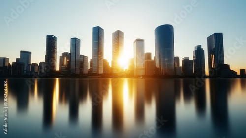 Urban skyline at sunset with reflective water surface