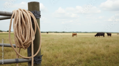 A Coiled Rope Hangs on a Wooden Post Near Grazing Cattle in a Vast, Sunlit Pasture