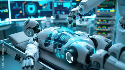 Futuristic Robots Performing Surgical Procedures in a High-Tech Operating Room