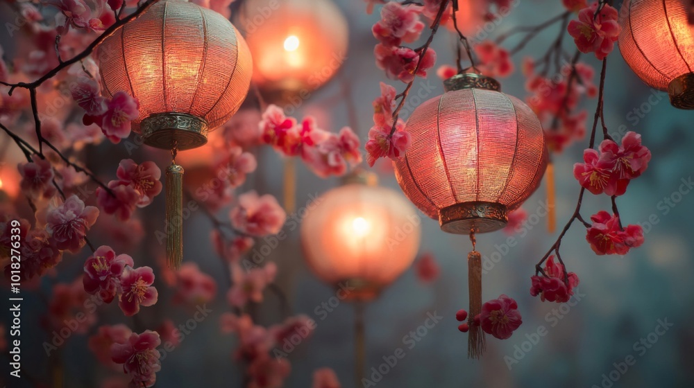 Obraz premium Red Lanterns Hanging Amongst Pink Blossoms