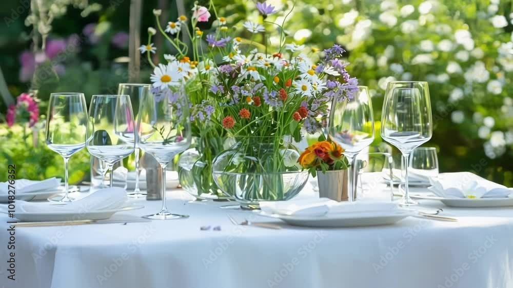 Beautifully set dining table awaits guests, adorned with a vibrant bouquet of wildflowers, embodying the essence of summer. The inviting ambiance is perfect for a special occasion or celebration