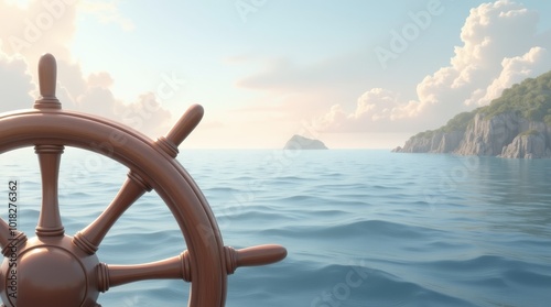 A Tranquil View of the Ocean From the Helm Showcasing a Distant Island and Calm Waters at Dawn