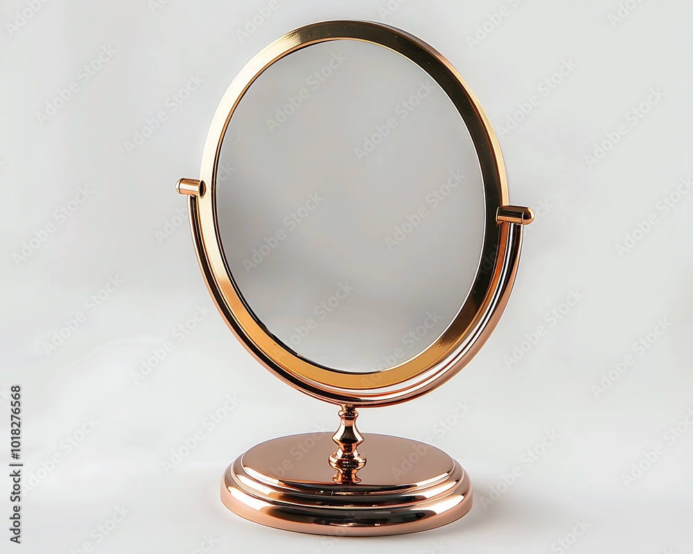 Isolated photo of elegant rose gold table mirror with stand, white backdrop, high-res, Isolated photo of elegant rose gold table mirror with stand, white backdrop, high-res,