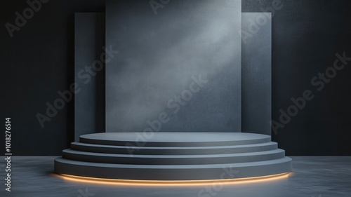 A Three-Tier Circular Platform with a Glowing Base in a Dark Room