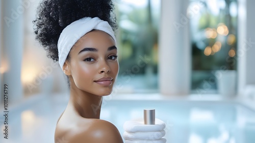 6. A model showcasing a premium skincare product in a spa photo