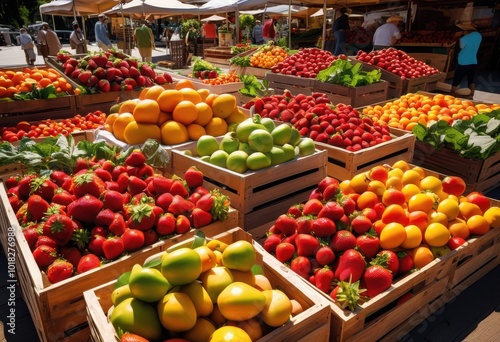 vibrant farmers market display featuring fresh organic fruits vegetables colorful arrangement bright natural lighting, basket, green, red, yellow, orange, ripe