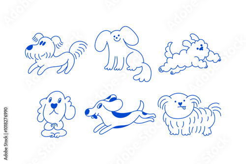 Funny pets, dogs and cats, vector illustration in trendy flat simple linear style, funny mascot and cartoon character, friendly sticker and badge for advertising, social media