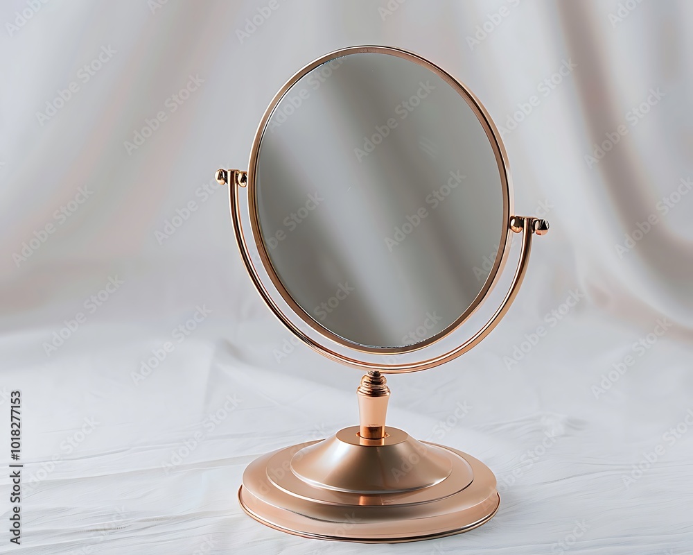 Isolated photo of elegant rose gold table mirror with stand, white backdrop, high-res, Isolated photo of elegant rose gold table mirror with stand, white backdrop, high-res,